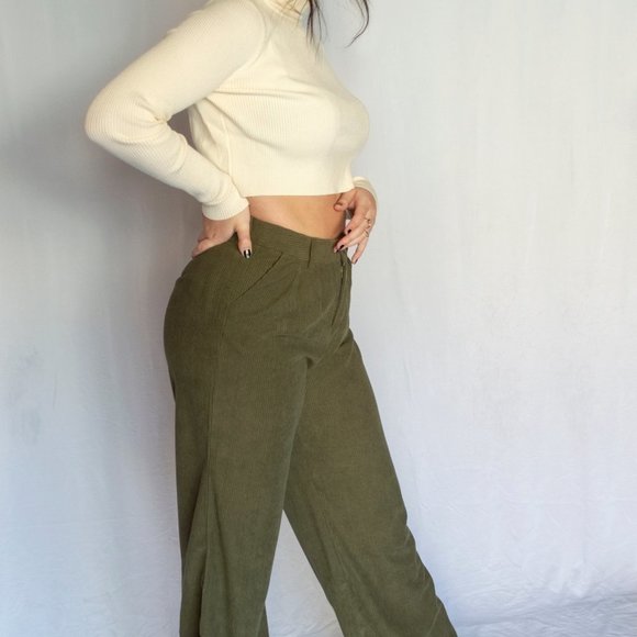 WIDE Leg Corduroy Pants - Olive - Picture 3 of 4